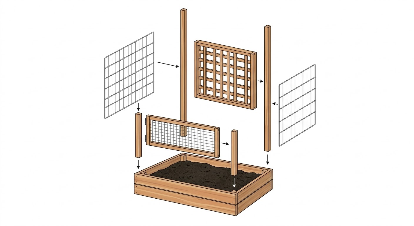 Corner bracket detail showing vertical cedar post attached to raised bed boards with metal corner bracket and structural screws