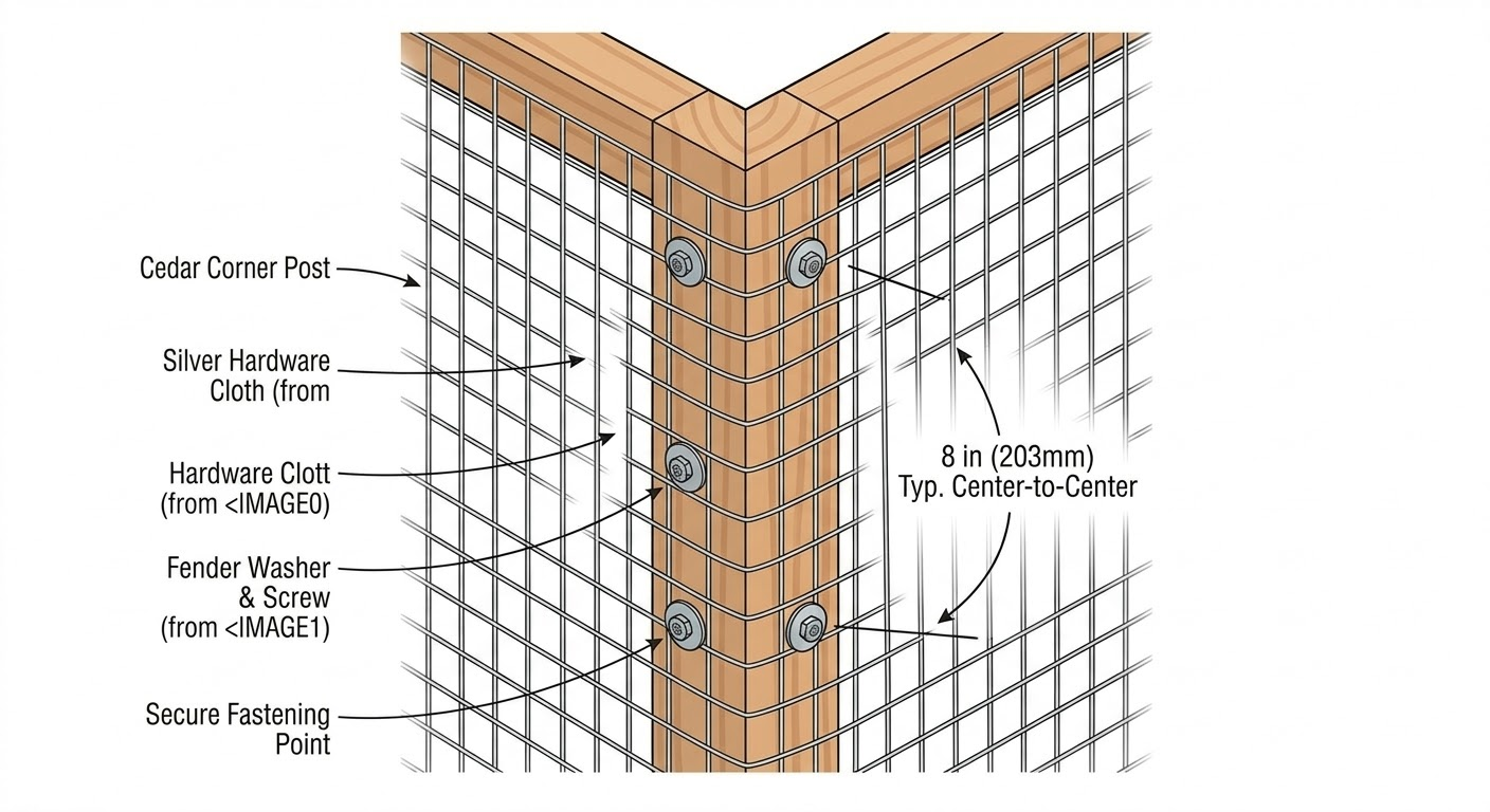 Rear trellis elevation showing horizontal support rails, pre-made 4 by 8 foot cedar lattice trimmed to fit between rear posts, metal angle brackets, 2.5-inch exterior wood screws, and 1-inch standoff from raised bed back wall