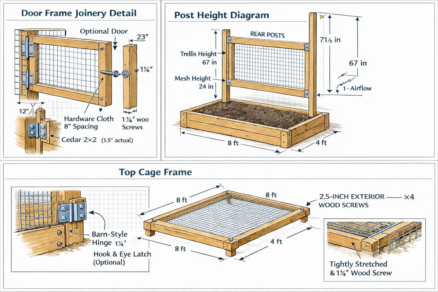 Three-panel detail sheet showing door frame joinery with barn-style hinges and hook-and-eye latch, post height diagram with rear posts at 71.5 inches and trellis height 67 inches and mesh height 24 inches, and top cage frame with hardware cloth lid secured by 2.5-inch exterior wood screws